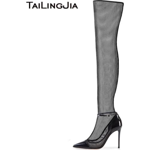 Sexy High Heel Black Stretch Mesh Sock Boots Pointed Toe Over The Knee High Boots Stiletto Heel Sandals Summer Shoes 2018