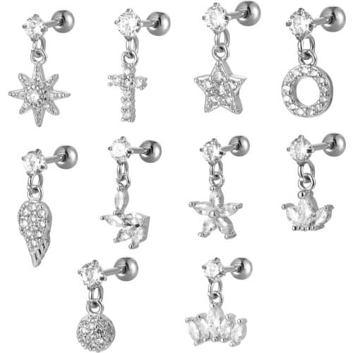 10 Styles Pendant Silver Crystal Ear Cartilage Earring 18G 6mm Surgical Steel Ear Studs Ear Lobe Tragus Piercing Earrings Rings