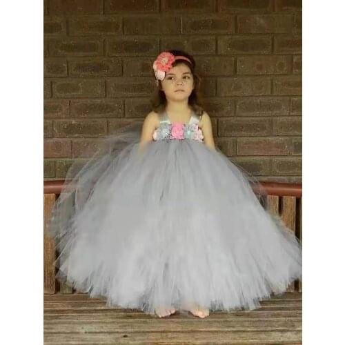 Grey fluffy Beauty Contest T-show Party Kids Clothes Children Princess Clothing Vestido tutu Costume Tutu Girls Party Dress