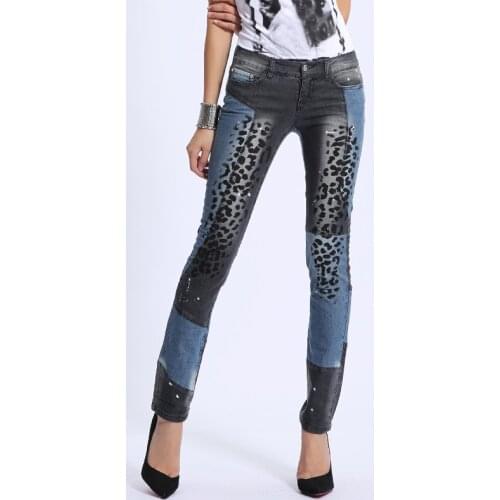 Spring Fall Fashion Womens Patchwork Designer Leopard Pattern Skinny Pencil Jeans Pants , Denim Trousers for Woman