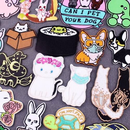 Cute Cat Dog Patch Embroidered Patches For Clothing DIY Cartoon Clothing Stickers Funny Animals Patch Iron On Patches On Clothes