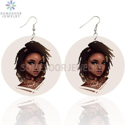 SOMESOOR AFRO Black Beauty Curly Artistic Printed Wooden Drop Earrings Cute Girl Natural Hair Design Dangle For Women Gifts