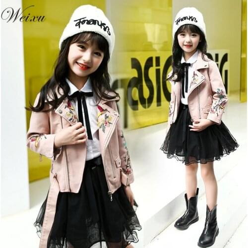 Childrens Leather Jackets for Girls Spring Autumn Toddle Kids Pink Embroidery PU Leather Motorcycle Biker Outwear Coats Clothes