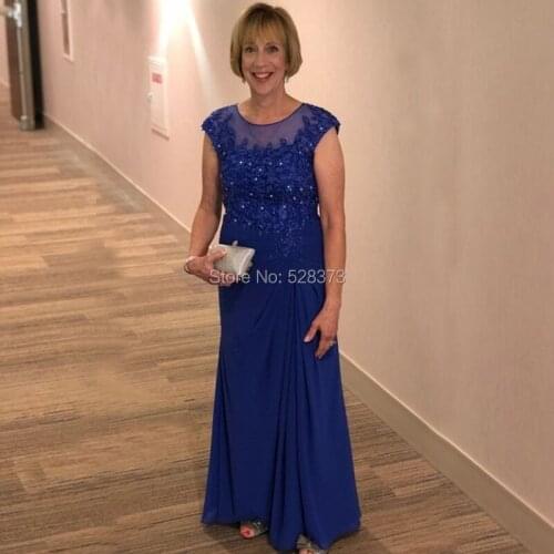 YNQNFS MD135 Elegant A-line Illusion Neck Cap Sleeves Mermaid Mother of the Bride/Groom Dresses Outfits Royal Blue 2019