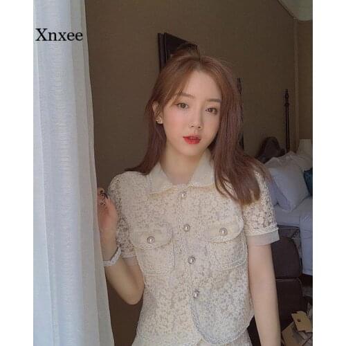 Autumn and Winter Womens Elegant Lapel Embroidery Two-Piece Lace Mesh Floral Pocket Shirt and Single-Breasted Mini Skirt Set