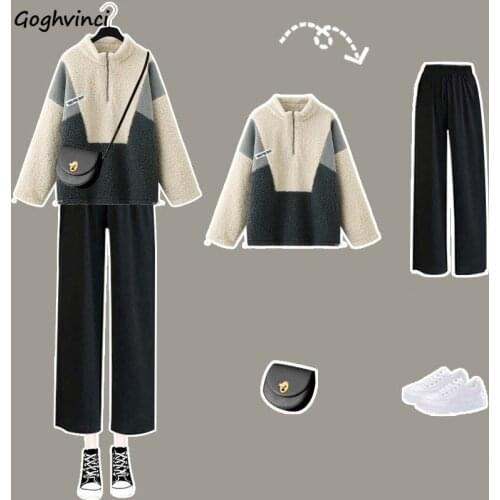 Women Sets Lambswool Patchwork Pullover Warm Loose Big Size 2XL Pants Wide Leg Elastic Waist Slim Thicken Students Casual Daily
