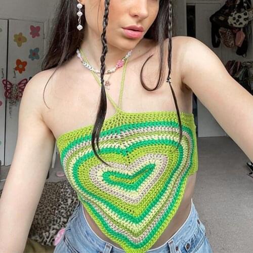 FSDA 2021 Heart Y2K Halter Neck Crop Top Women Bandage Summer Green Sleeveless Backless Vintage Knit Off Shoulder Sexy Tank Tops