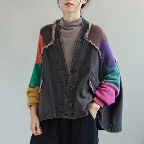 2021 Autumn Casual Spliced Patchwork Loose Denim Knitted Coat Women Sanding Bleached Full Sleeve Single Breasted Jacket Wild