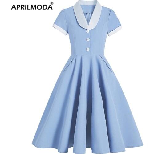 Hepburn Style Solid Color Patchwork Plus Size Women Dress With Pocket Turn Down Collar Button Front Swing Retro 50s 60s Sundress