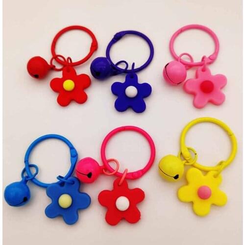 2pcs Color Soft Rubber Perforated Small Flower Multi Color Metal Bell Key Chain DIY Accessories Key Ring Female Bag Pendant