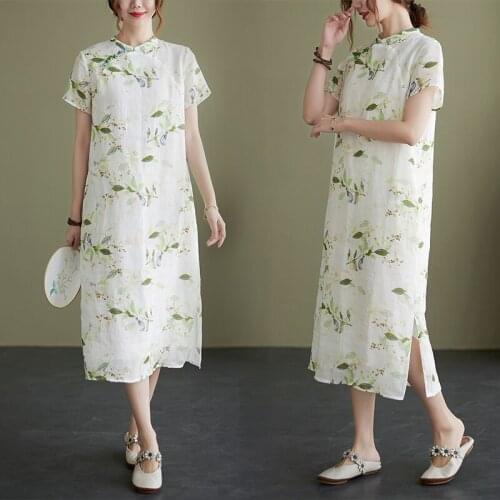 2021 chinese improved elegant split qipao dress comfortable daily short-sleeved cheongsam loose cotton and linen printing dress