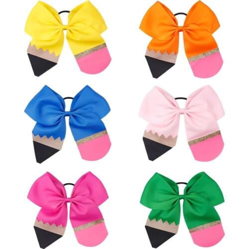 7" Solid Pencil Hair Bows Girls Back to School Glitter Cheer Bow With Elastic Bands For Kids Boutique Hair Accessories