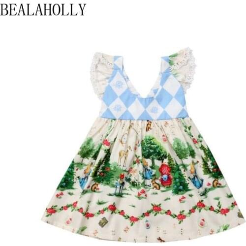 Bealaholly Summer Girl Dress Diamond Mosaic Cartoon Flying Sleeve Dresses Princess Dress for 1-6Y Toddler Dress