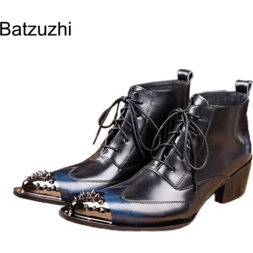 Batzuzhi Fashion 6.5cm High-heeled Mans boots Pointed Toe High-top Genuine Leather Ankle Boots Men Lace-up, Big Sizes US6-12