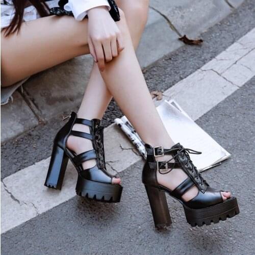 Black Leather Platform Sandals Women Buckles Lace-up Chunky Heel Gladiator High Heel Sandals Peep Toe Thick Heel Dress Sandals