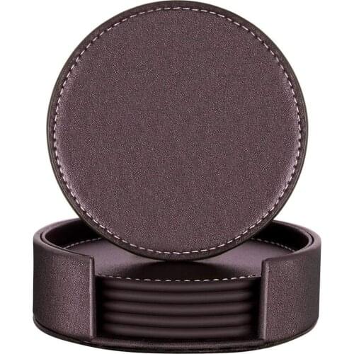 Double Sided PU Leather Coaster Non-slip Coffee Cup Placemat Heat Insulation Tea Coaster Set with Holder