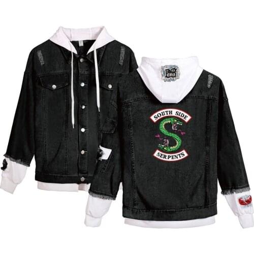 Popular Riverdale Denim Jacket South Side Serpents Streetwear Men Women Fashion Autumn Winter Jean Jackets Harajuku Denim Tops