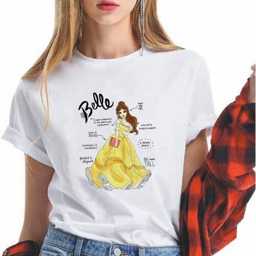 Disney Youth Women T Shirts Beauty and the Beast Retro Style White Tshirt Cartoon Belle Princess Printed Vogue Clothes Tshirt