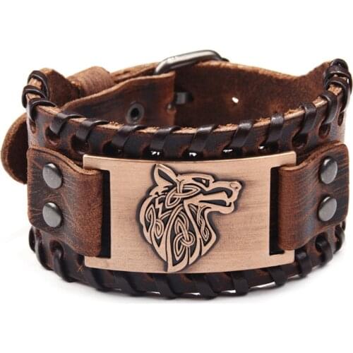 FYJS Unique 3 Colors Alloy Wolf Handmade Leather Bracelet for Cool Men Party Gift Jewelry