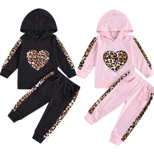 2 Pcs Infant KIds Leopard Print Outfits Baby Heart Pattern Long Sleeve Hoodie Tops Trousers with Pockets Kids Clothes