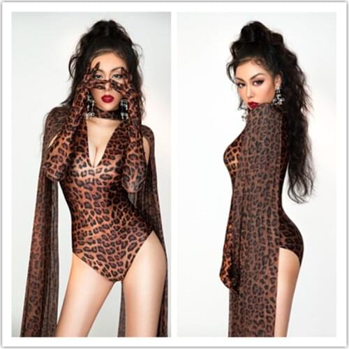 Leopard Pattern Bodysuit Gloves Top Fashion Sexy V Neck Birthday Party Bodycon Outfit Women Singer Show Performance Costume