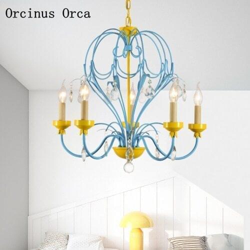 American Creative colorful crystal chandelier Girl Bedroom childrens room lamp Mediterranean cartoon blue LED Candle Chandelier