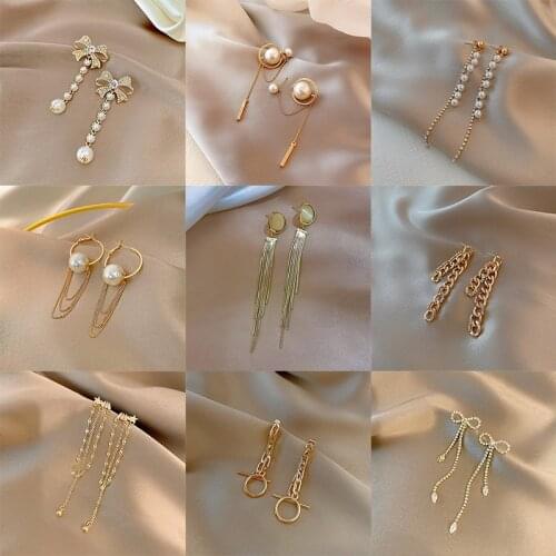 Fashion Vintage Long Thread Tassel Drop Earrings Womens Pearl Crystal Shining Dangle Earring For Girls Banquet Party Daily Gift