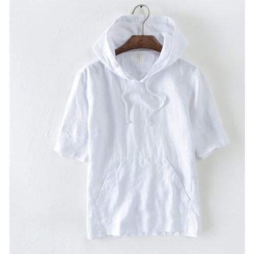 Mens 100% Linen T Shirts Half Sleeve Hooded Tshirt Men Quality Summer Linen Hoodies with Kangaroo Pocket Male Tops Tees