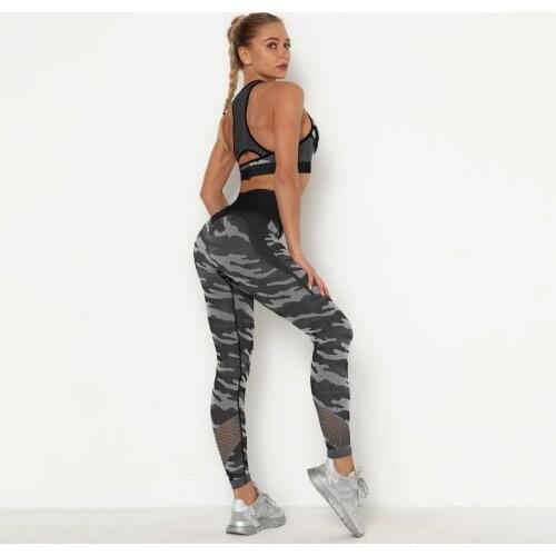 Fall new womens mesh mesh stitching camouflage slim yoga sports suit