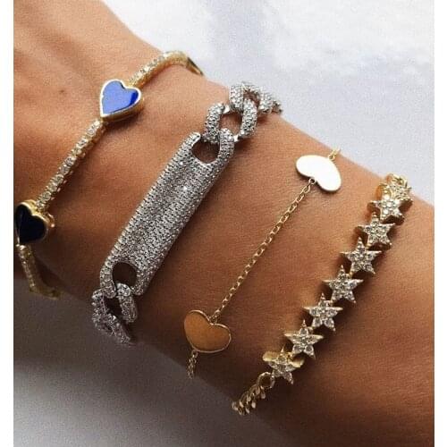 New bracelets bangles iced out bling micro pave cz square bar charm Miami Cuban link chain bracelet 17cm rock hip hop jewelry