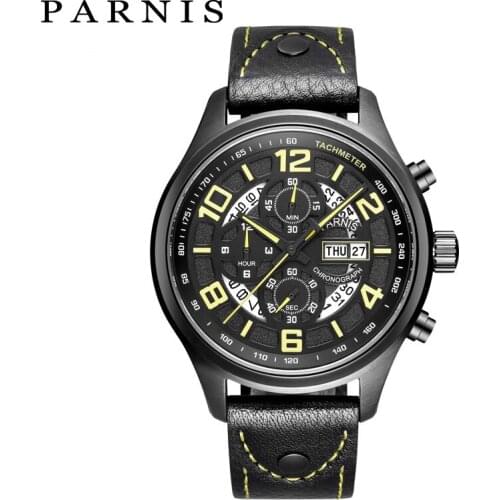 Parnis Fashion 43mm Dial Men Watch Black Case Quartz Movement Wristwatch Leather Strap Calendar Mens Watches With Box Gift 2021
