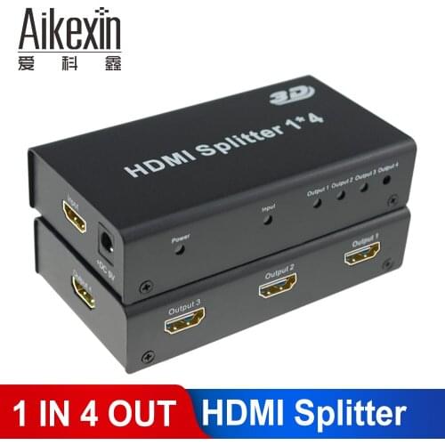 Aikexin 4 Way HDMI Splitter 1x4 4 Port Video Splitter 1 in 4 output 3D Full HD 1080P with power adapter for DTV DVD player PS4