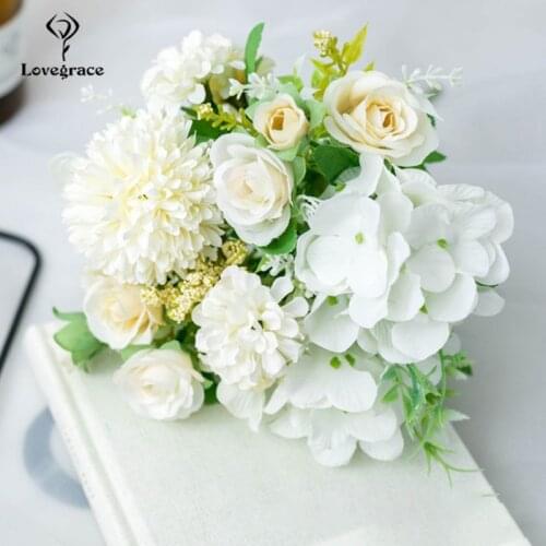 Lovegrace Wedding Bouquet Artificial Silk Rose Peony Flower Bride Bouquet Pink Hydrangea Pompom Bud Vanilla Spike Wedding Supply