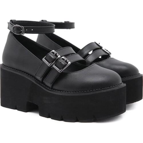 Fashion Retro simplicity Black Shoes Pumps Platform Wedges High Heels womens Pumps Sweet Genuine Leather Shoes Women Large size