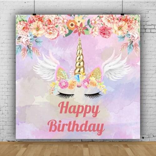 Happy Birthday Unicorn Party Rainbow Balloons Flower Golden Dots Baby Child Banner Photo Background Photography Backdrop Vinyl