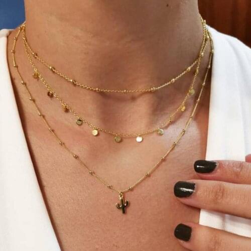 Vintage Women Multi-layer Sequins Chain Cactus Pendant Choker Necklace Jewelry