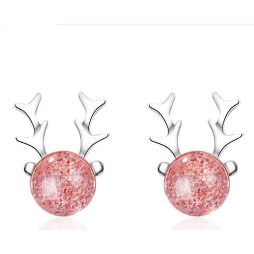 KOFSAC New Fashion 925 Sterling Silver Stud Earrings For Women Luxury Strawberry Crystal Antlers Earring Jewelry Christmas Gifts