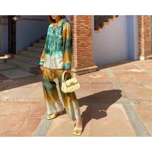XEASY 2021 New Summer Women Vintage Two-Piece Set Tie Dye Single-Breasted Shirt Elastic High Waist Casual Trousers Pants Set
