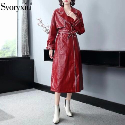 Svoryxiu Runway Designer Autumn Winter Red PU Long Overcoat Outwear Womens Fashion Long Sleeve Cardigan Trench Coat