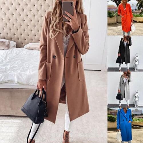 Women Autumn Winter Lapel Collar Buttons Pockets Long Coat Warm Jacket Overcoat