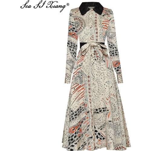 Seasixiang Fashion Designer Summer Dress Womens Beading Turn-down Collar Long Sleeve Vintage Floral Print Lace Up Dresses
