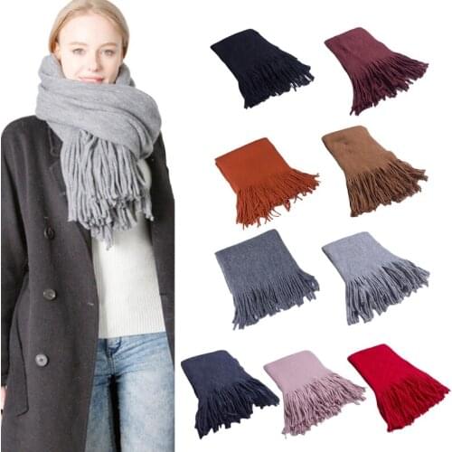 Winter Thick Warm Long Scarf Faux Wool Solid Color Tassels Oversized Shawl Wrap