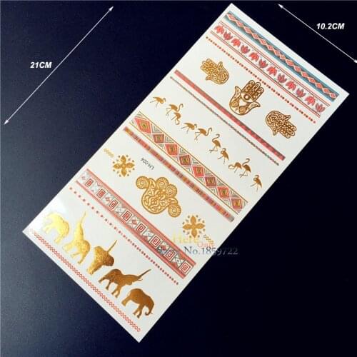Glitter Hamsa Hand Eye Elephant Ganesha Red Gold Tattoo Men Women Henna Flash Metallic Waterproof Temporary Tattoo Sticker HGL24