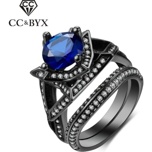 CC Rings For Women Accessories Engagement Ring Wedding Jewelry Black Gold-Color Blue Stone Double Anel Drop Shipping CC1242