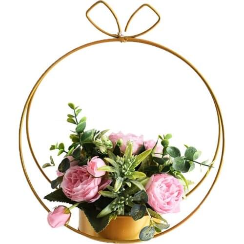 Metal iron frame white ceramic flowerpot flower basket simple geometric wall hanging tray wedding decoration