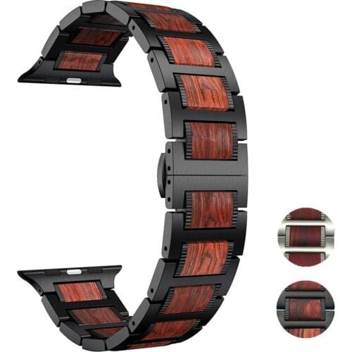 Wood strap for Apple watch band 5 4 44mm 40mm iWatch 3 band 42mm 38 mm bracelet Natural Red Sandalwood+Stainless steel watchband