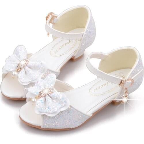 Children Princess Sandals Kids Girls Wedding Shoes High Heels Dress Shoes Bowtie Pink Blue White Shoes For Girls