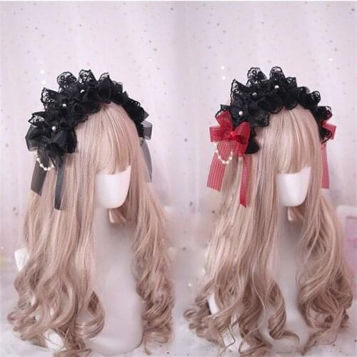 Japanese Style Gothic Lolita Bow Lace Headwear Handmade Pearl Chain Decorate Headband Hair Accessories Black Red Hair Band