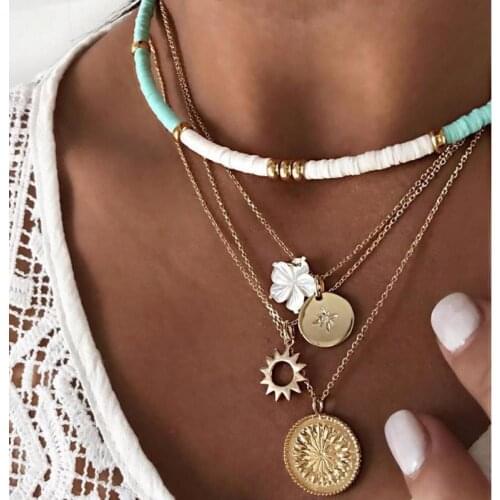 Fashion Bohemian Beads Chain Layer Choker Necklaces For Women Vintage Disc Flower Charm Pendant Necklaces Boho Beach Jewelry