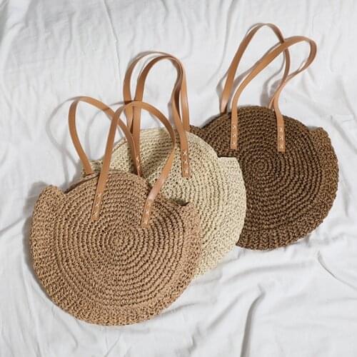 Round Straw Beach Bag Vintage Woven Shoulder Bags Rattan Bohemian Summer Vacation Casual Handbag for Women Girls